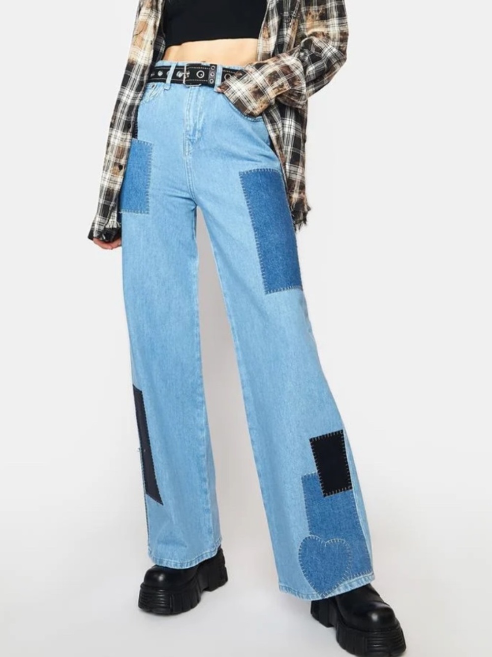 BDG Urban Outfitters Patchwork Wide Leg Puddle Jeans Skater 28X32 Blue Heart